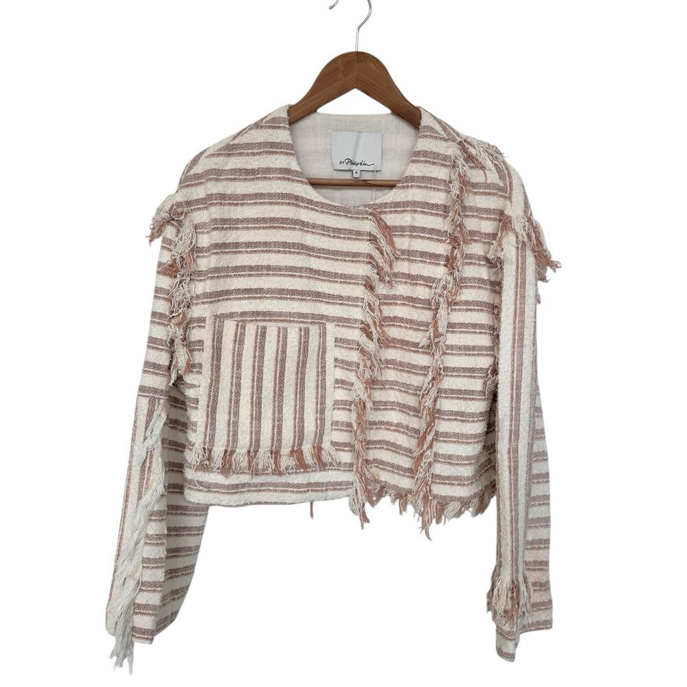 3.1 Phillip Lim Raw Edge Striped Jacket Size 8 Linen Cotton Frayed Blush Cream